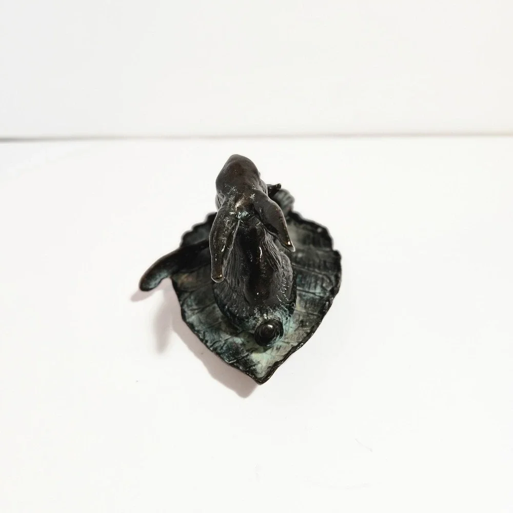 Vintage Bronze Rabbit on Leaf Sculpture Candle Holder Whimsical Animal Art Decor